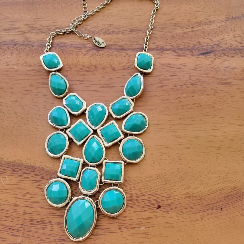 Faceted Faux Turquoise Gold Tone Surround  Statement Bib Necklace Circle Square
